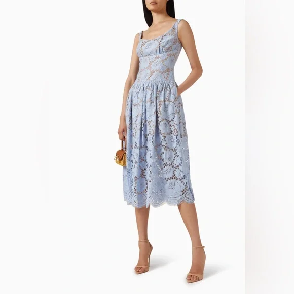 NWT- Self-Portrait Blue Midi Dress in Floral Lace - Picture 9 of 17